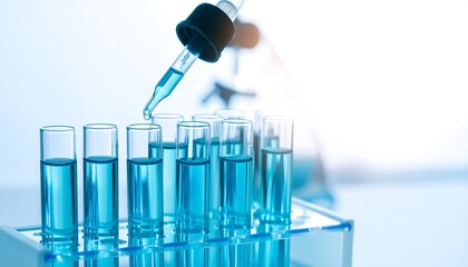 Laboratory Science Research Concept with Dropper Dispensing Blue Liquid into Test Tubes for Experimentation