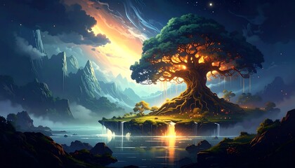Majestic Fantasy Ancient Tree on a Floating Island with Glowing Roots and Dramatic Sunset Landscape