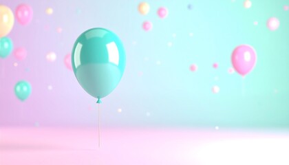 3D Render of Single Teal and Pink Balloon Floating on Pastel Gradient Background with Bokeh Lights