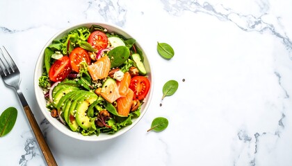 Healthy Salmon and Avocado Salad Bowl with Quinoa and Fresh Vegetables on Marble Background