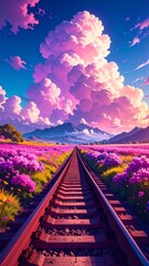 Dreamy Railway Track Through Pink Flower Field Landscape with Majestic Cumulus Clouds and Mountains