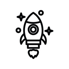 A rocket icon surrounded by stars and circles It has a flame fins and porthole