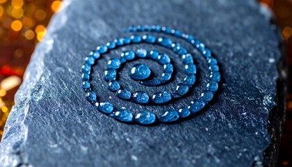 Blue Liquid Droplets Forming a Spiral Pattern on Dark Textured Slate Stone, Macro