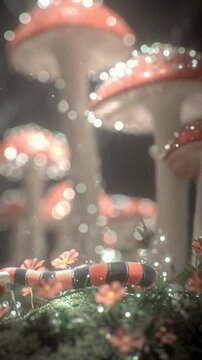 A whimsical and enchanting 3D animated video featuring a vibrant coral snake on a mossy forest floor. The snake, with its distinct red, black, and yellow bands, explores a magical environment surround