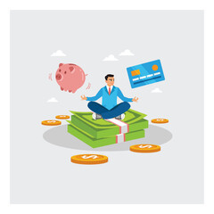 Ambitious businessman meditates on a stack of banknotes with credit cards and a piggy bank.
