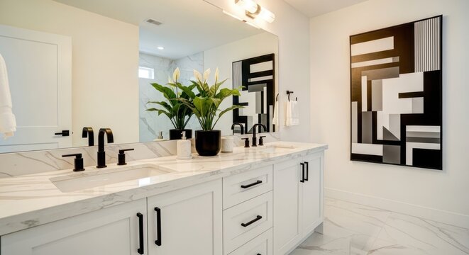 Sleek Modern Bathroom with Double White Marble Vanity, Matte Black Fixtures, and Abstract Artwork, Featuring Potted Peace Lilies for a Touch of Greenery