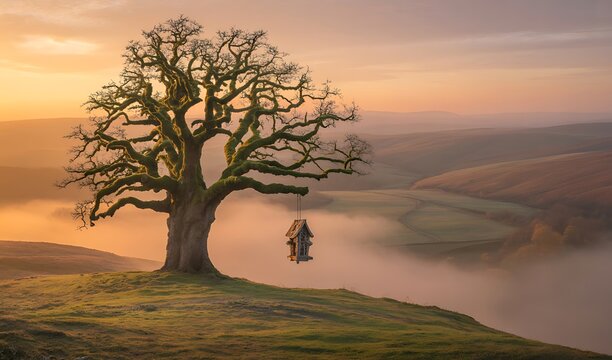Majestic Ancient Oak Tree with Birdhouse at Sunrise Over Misty Valley Landscape moss
