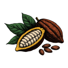 Detailed illustration of an open cacao pod with seeds and leaves, vintage colored design perfect for food and natural themes.