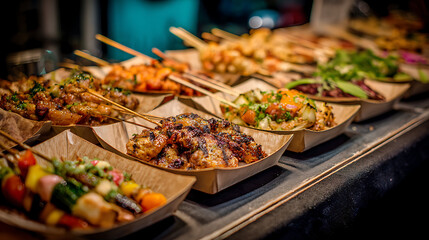 Close-up of colorful vegan street food served at a night festival 