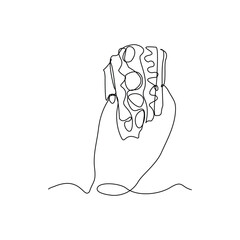 continuous line of people holding delicious sandwich fast food or junk food sketch drawing editable stroke concept for cafe, restaurant, and food shop. vector illustration