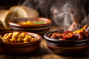 Ultra Realistic Food Photography of Cocido Madrileño in Traditional Dishes with Warm Atmosphere and Steamy Presentation