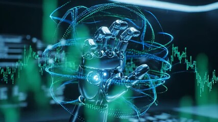 Futuristic chrome robot hand interacting with a glowing digital interface showing financial data graphs. - Powered by Adobe