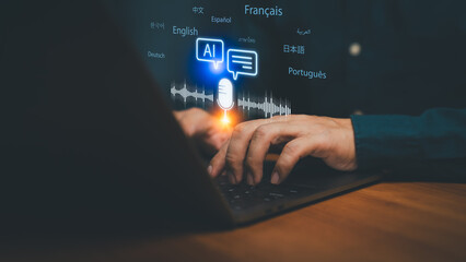 Modern AI language translation technology on laptop concept with virtual speech recognition and multilingual text interface, representing artificial intelligence and global communication innovation.