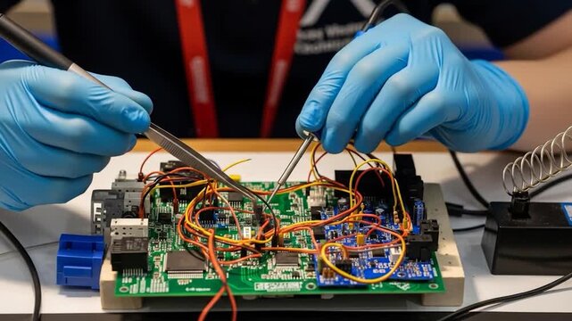 Close-up of hands in blue gloves soldering wires on a complex electronic circuit board.