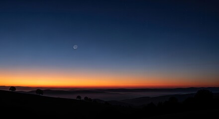A serene, tranquil landscape with a moonlit sky and distant mountains, evoking a sense of calm and solitude.