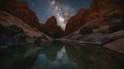Milky Way Reflected in Canyon River, Starry Night Sky Over Red Rocks and Water, Astral Reflection in Desert Gorge