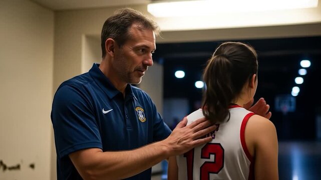 Coach encourages young female basketball player before game.