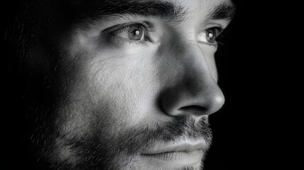 Obraz premium Closeup Portrait of a Thoughtful Man with Intense Expression and Detailed Features in Black and White