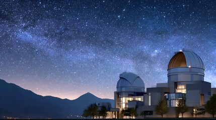 Obraz premium Observatory with Telescopes Under a Starry Night Sky and Milky Way in the Mountains