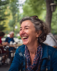 Fototapeta premium Joyful woman laughing outdoors in a vibrant Madrid setting, capturing the essence of happiness and connection