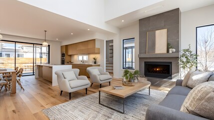 Fototapeta premium Bright And Modern Open Concept Living Space With Cozy Furnishings And A Fireplac