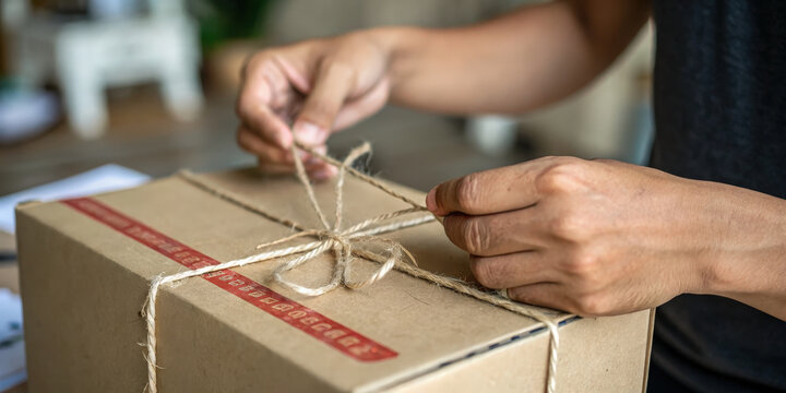 Person tying string on cardboard box generation rent concept for delivery or moving service