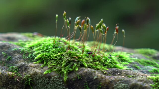 Macro Close Up of Green Moss with Sporophytes Growing on a Rock.