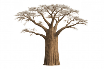 African baobab tree with thick trunk and sparse branches, isolated on a transparent background, representing nature and resilience