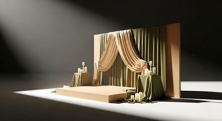 Elegant presentation stage with draping fabric, soft lighting, and candle accents in a minimalist modern design.