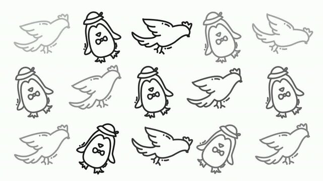 Seamless bird and penguin doodle pattern for backgrounds. Perfect for textiles, stationery, kids products, and wildlifethemed designs.