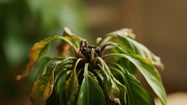 Lush green plant slowly wilts, turns brown, and decays over time in a poignant lifecycle timelapse reflection, concept, time lapse