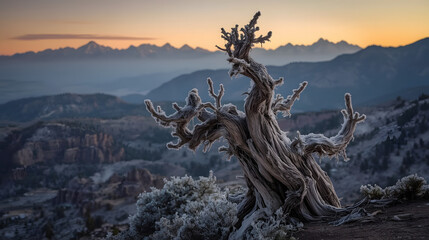 Frosted Tree at Sunset in Mountain Valley, Winter Sunrise on a Juniper Tree, Alpine Landscape with Rime Ice on Tree