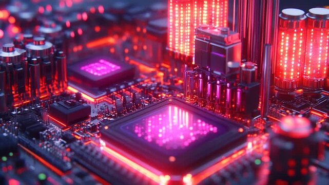 Futuristic Motherboard with Glowing Components - A High-Tech Visual.