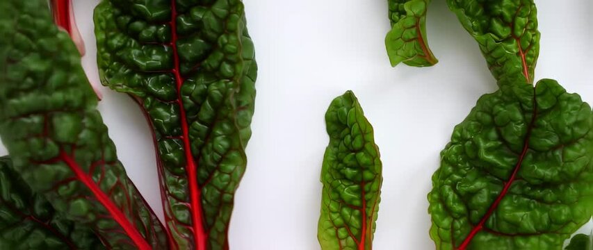 Chard close-up video showing the vibrant green and red stems of fresh chard plants on a clean