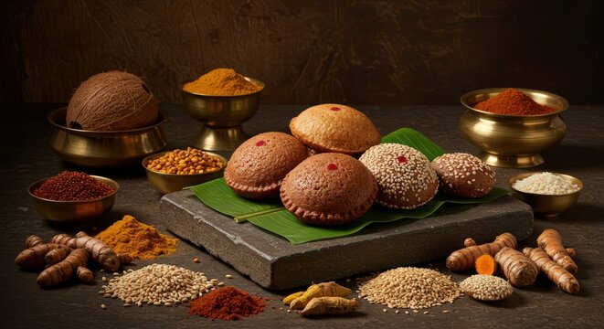 Traditional South Indian Adhirasam sweet dessert served on a banana leaf with raw ingredients on a rustic dark background
