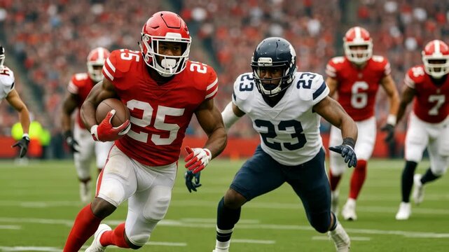Dynamic low-angle shot of a football game, capturing players in action. The video showcases intense competition and athleticism on the field.