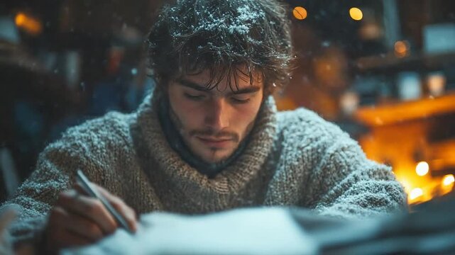 Cozy Writer - A Man Lost in Thought, Penning His Next Masterpiece.