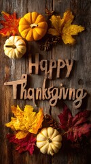 Happy Thanksgiving text on wooden background with pumpkins, cones, yellow and red autumn maple leaves. Autumn harvest background