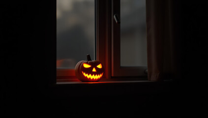 Photograph of a small, glowing jack-o'-lantern with a carved, triangular nose, triangular eyes, and a wide, jagged-toothed grin. The pumpkin is positioned on a windowsill, illuminated by an internal
