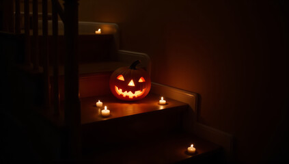 Photograph of a dimly lit staircase at night with a carved pumpkin jack-o'-lantern as the central focus. The jack-o'-lantern, with a triangular nose, triangular eyes, and a jagged mouth, is glowing