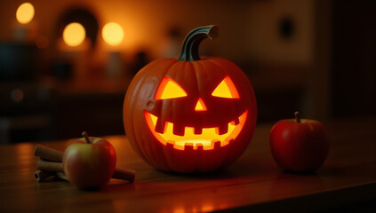 Photograph of a carved pumpkin with a glowing jack-o'-lantern face on a wooden countertop. The pumpkin has triangular eyes, a wide grinning mouth with triangular teeth, and a curved green stem. Two
