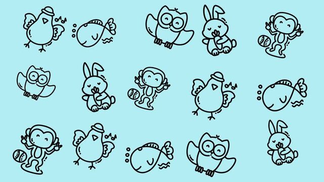 Seamless cartoon animals pattern with birds, fish, monkeys, rabbits, and owls. Perfect for childrens products, stationery, and textile designs.