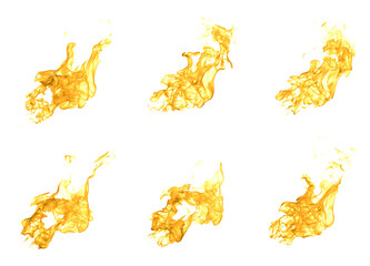 Collection of golden fire flames isolated on a white background, perfect for graphic design, photo editing, energy concepts, luxury effects, advertising, and digital artwork in high resolution.