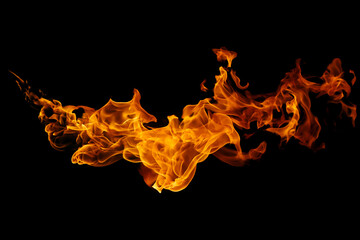 horizontal fire flame isolated on black background, perfect for explosion scenes, energy design, visual effects, advertising, photo editing, and dramatic digital artwork in high resolution.