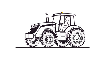 Black and white illustration of a tractor with a driver, featuring large tires and exhaust pipe.