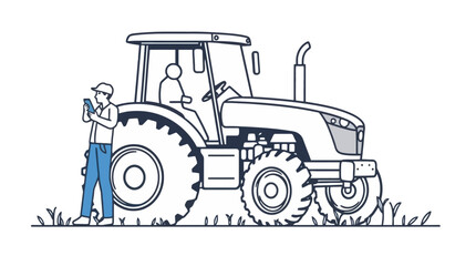 A farmer examining a tablet next to a tractor, with someone in the driver's seat.