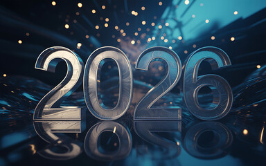 Futuristic 3d rendering of the year 2026 in glowing translucent numbers