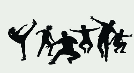 Silhouetted figures performing dynamic dance moves, showcasing energetic choreography and movement.