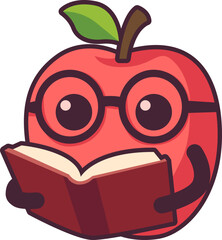 Apple Mascot with Glasses Reading a Book