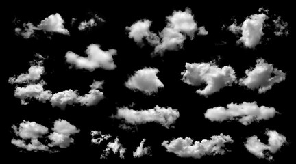 Collection of white cloud shapes isolated on a black background, perfect for sky design, photo editing, weather, fantasy scenes, and creative digital artwork in high resolution.